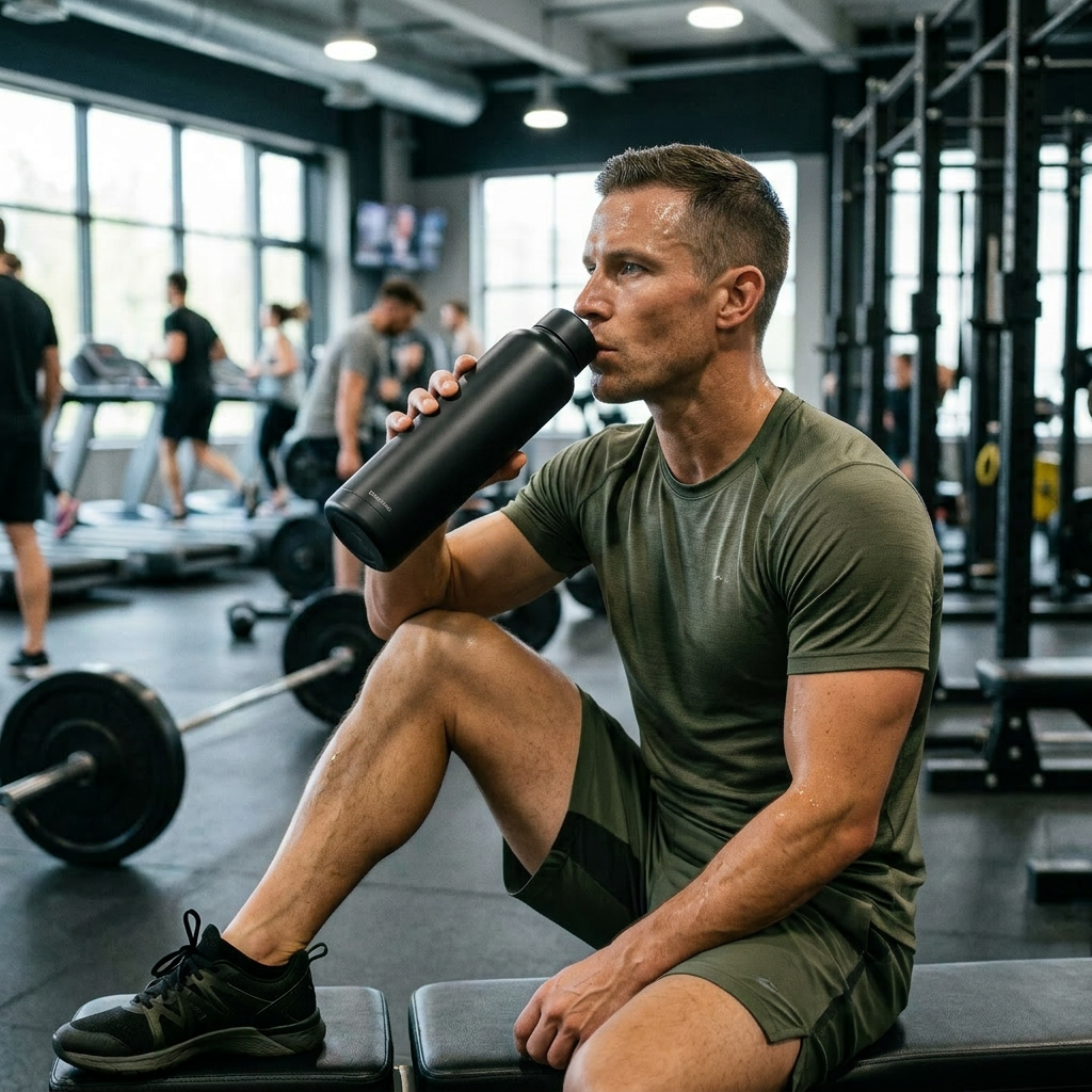 Woman sitting on bench drinking water at gym