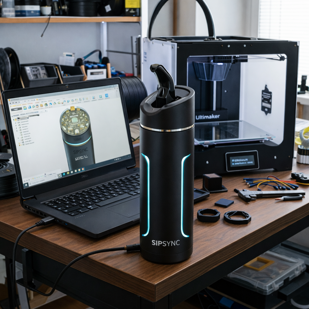 Workspace with a 3D printer, laptop showing a circuit board design, and a SIPSYNC electronic device.